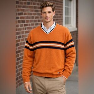 Vintage Tommy Hilfiger V-Neck Sweater Mens XL Orange Striped Cotton Pullover